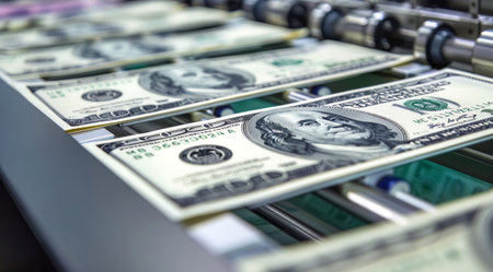 Money printing and minting of dollar banknotes. Investment and economy concept.の写真素材