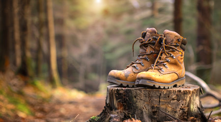 Two brown hiking boots on a log in the woods. Nature and world exploration and active lifestyle.