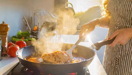 A person is cooking chicken in a pan on a stove. The pan is filled with a red sauce and the chicken is surrounded by steamの素材