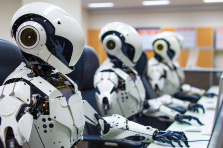 A robot working in the office. Robot artificial intelligence AI takeover. Job replacement.の素材