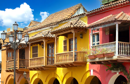 Colombia, colonial old Cartagena Walled City streets and colorful houses in historic center.の写真素材