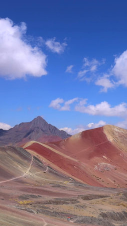 Peru, Cusco scenic landscape Rainbow mountain of 7 colors near Sacred Valley and Ausangate Glacier.の写真素材