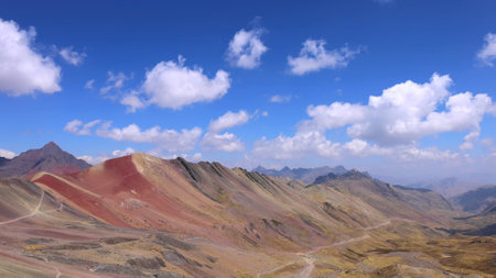 Peru, Cusco scenic landscape Rainbow mountain of 7 colors near Sacred Valley and Ausangate Glacier.の写真素材