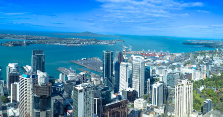 Panoramic skyline of Wellington downtown harbor and financial center, New Zealand.の写真素材