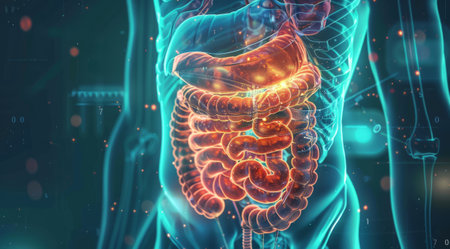 Person internal organs, stomach and intestines anatomy. Gastroenterology concept close up