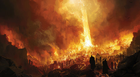 A fiery, dark scene of hell and eternal burning fire that punishes suffering sinners.