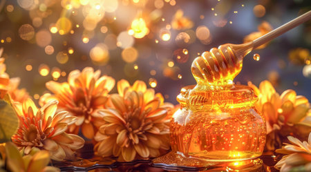 A jar of organic honey on a table next to a honeycomb.