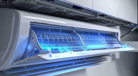 Modern energy-efficient inverter air conditioner producing cold airの写真素材