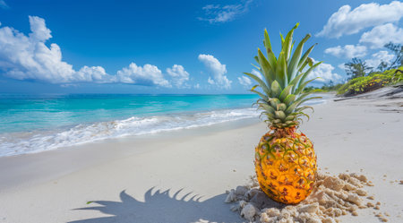 Tropical beach vacation on a scenic sand ocean shore coastline in Caribbean islands.