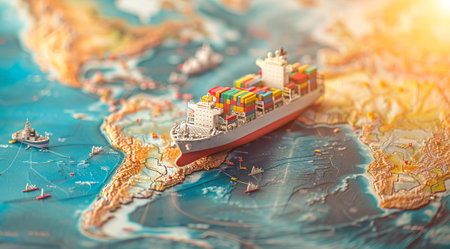 Concept of a global shipping transportation and commerce. Ship carrying freight containers