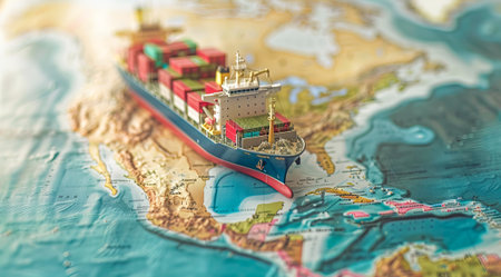 Concept of a global shipping transportation and commerce. Ship carrying freight containersの写真素材