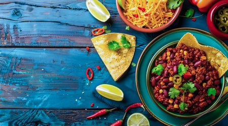 Traditional Mexican cuisine food. Authentic Chilli with meat platillo flat lay.