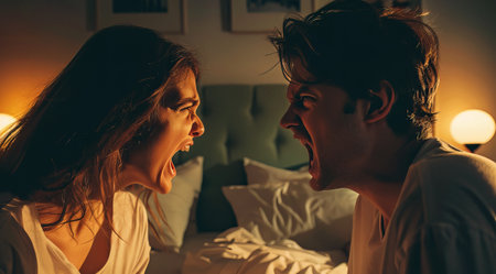 Married couple arguing in bed angry at each other trying to solve marriage problems. Negativityの写真素材