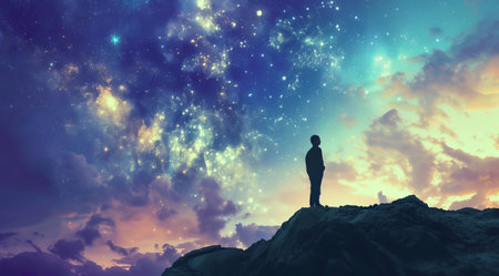 Person staring at night sky and universe at top of the mountain. Concept of science and mystery