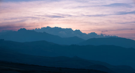 Sacred Valley Valle Sagrado scenic Andes mountains at sunset in Cusco, Peru.の写真素材