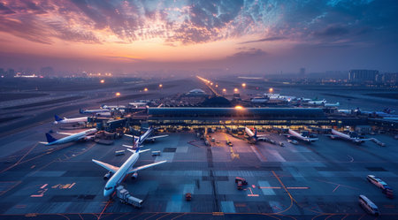 Aerial view international airport terminal, planes departing to multiple international locations.