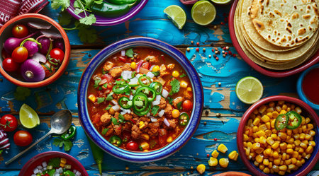 Traditional healthy mexican cuisine food. Pozole with mote big corn stew, flat lay viewの写真素材