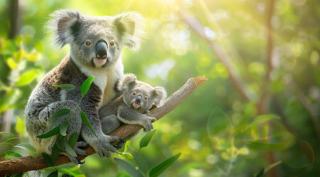 Australia, Cute Koala bear with a joey cub sitting on a tree in natural habitat.の写真素材