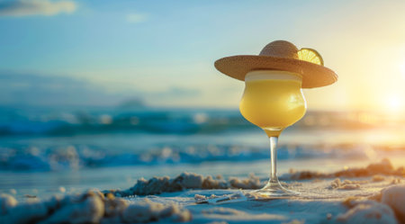 Concept of a vacation. Cocktails near ocean shore. Sunset view.の写真素材