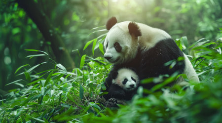 Cute giant panda with panda cub its natural habitat.の写真素材