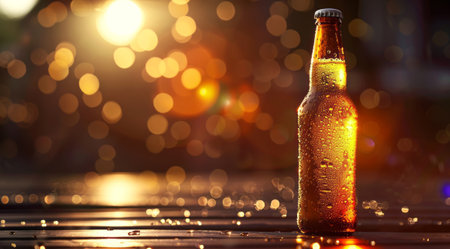Bottle of fresh beer on a table illuminated with gentle sunlight.