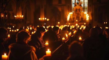 People praying in church on Christmas. Festive mass with people holding candles. Concept of hopeの素材