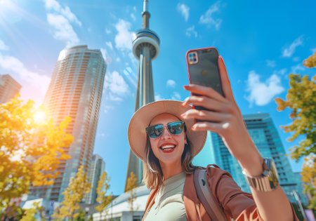 Attractive young smiling happy tourist take selfie in Toronto downtown near CN Tower on vacation.の素材