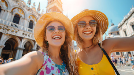 Attractive young smiling happy tourist ladies take selfie in Venice. San Marco Square on vacation.の素材