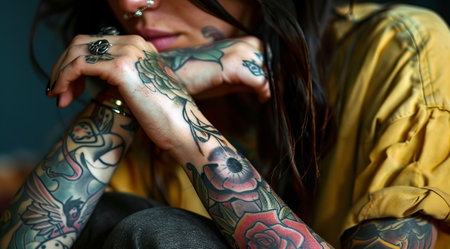 Younge lady covered in tattoos. Illustration of alternative lifestyle. LGBTQ youth.の素材