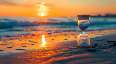 Hourglass sand timer on a shore. Concept of time running outの素材