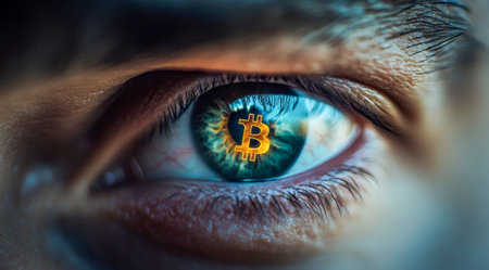 close up of an eye with bitcoin sign in retina. Concept of earnings and market gains using bitcoin.の素材