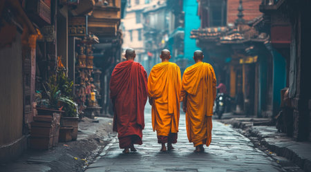Tibetan Buddhist monks walk in kasaya robes on the streets of Kathmandu.の素材