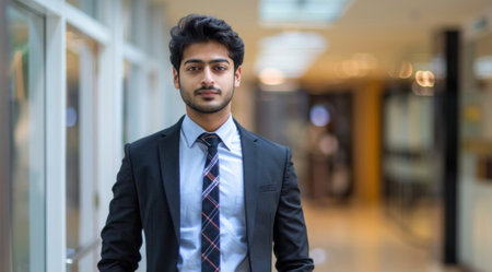 Successful indian asian businessman team leader standing in the corporate office.の素材