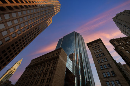 USA, Scenic Boston downtown financial district city skyline and skyscrapersの写真素材