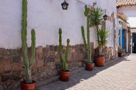 Peru, Cusco, historic colorful colonial buildings and architecture of San Blas district of artisans.の写真素材