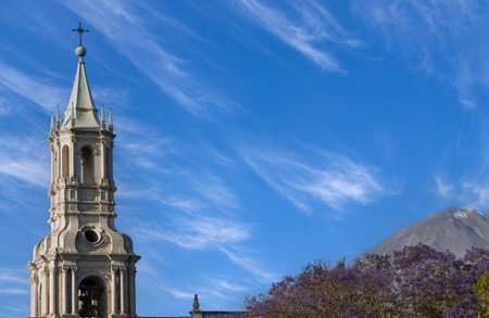 Peru, Arequipa. Basilica Cathedral of Arequipa on central Plaza De Armas in historic center.の写真素材