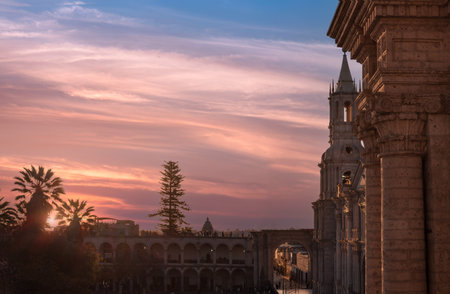Peru, Arequipa. Basilica Cathedral of Arequipa on central Plaza De Armas in historic center.の写真素材