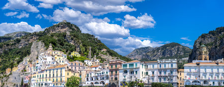 Italy, Amalfi town colorful architecture and Campania Amalfi coast landscapes.の写真素材