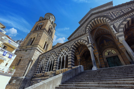 Italy, Amalfi town colorful architecture in historic city center with churches and old buildings.の写真素材