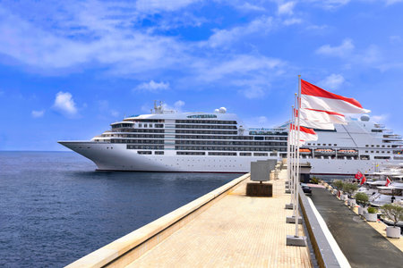 Cruise ship in Monte Carlo, Monaco waiting for tourists to board to go on European vacation.の写真素材