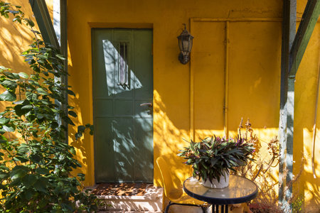 Israel, Tel Aviv historic neighborhood Neve Tzedek with art galleries, boutiques and old houses.の写真素材