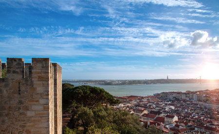 Scenic panoramic view of Lisbon, bridge over tagus river and historic city center.の写真素材