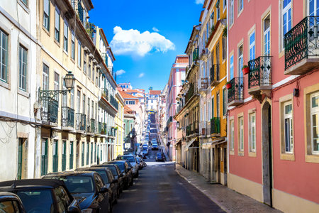 Typical Portuguese architecture and colorful buildings of Lisbon historic city center.の写真素材