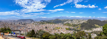 Skyline panoramic view of historic center in Quito, Ecuador from lookout of Virgin of Panecillo.の写真素材