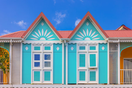 Caribbean cruise vacation. Colonial scenic colorful streets of Marigot in Saint Martin.の写真素材