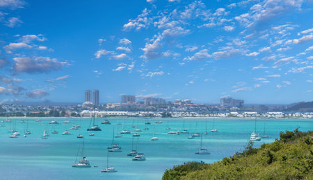 Caribbean cruise vacation, panoramic skyline of Saint Martin island from Pic Paradis lookout.の写真素材