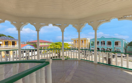 Dominican Republic, colorful colonial streets of Puerto Plata in historic city center.の写真素材