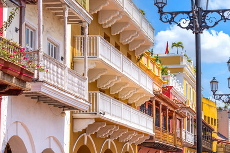 Columbia, Unesco site, colorful Cartagena Walled City Cuidad Amurrallada in historic city center.の写真素材
