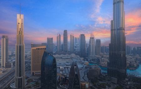 UAE, Dubai downtown financial skyline and business shopping center near Dubai Mall.の写真素材