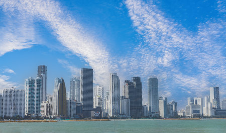 Colombia, scenic Cartagena bay Bocagrande and panorama of financial and business city skyline.の写真素材